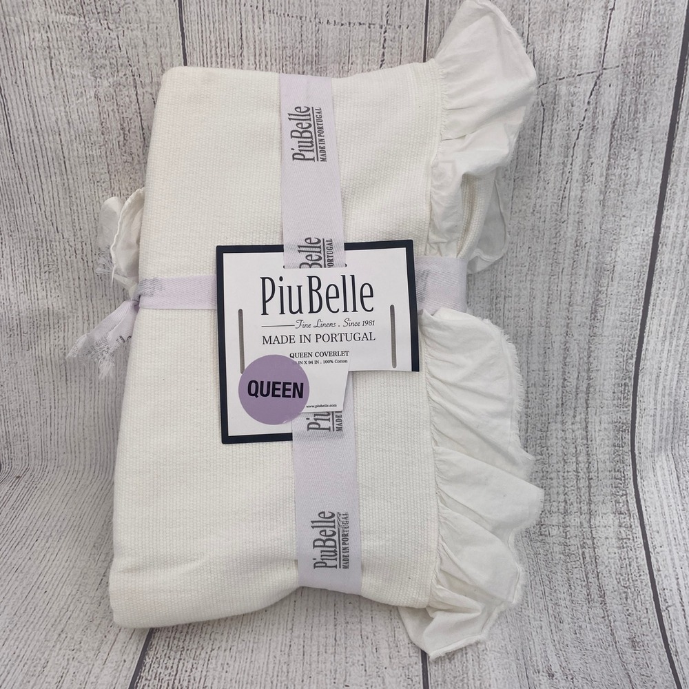PiuBelle Queen Coverlet White 100% Cotton Ruffle Edge Bedding Portugal Cottage